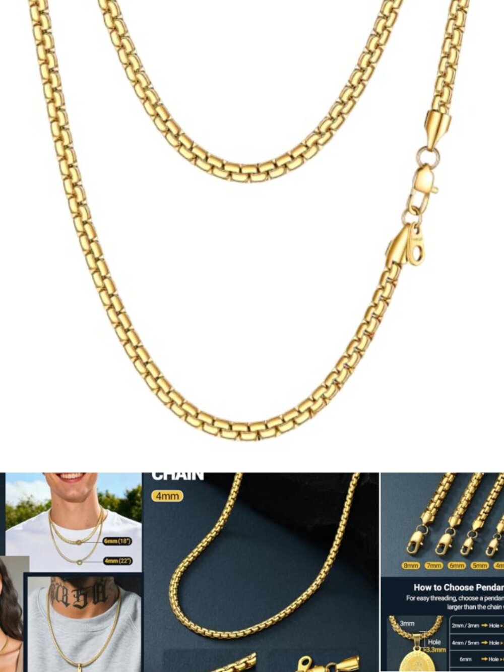 Stainless Steel Flat Box Link Chain Necklace for Men 18K Gold Plated